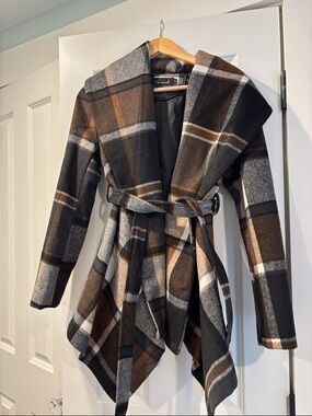 Chicwish Brown, Black & Gray Plaid Wrap Coatigan